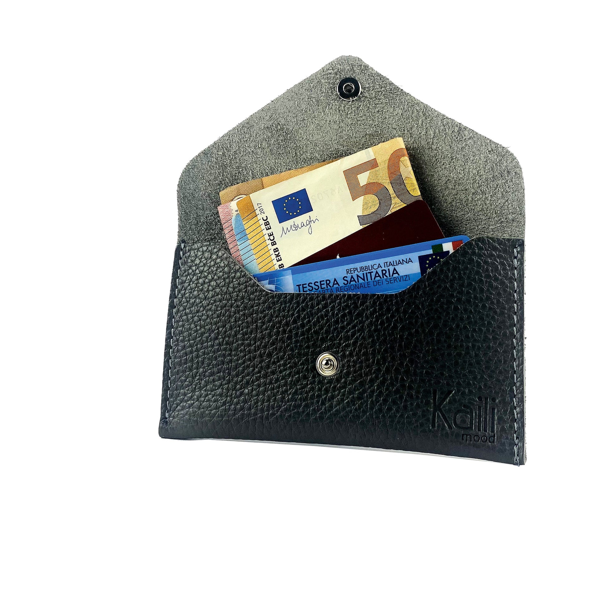 K0040AB | Flap pouch Made in Italy in genuine full-grain leather, dollar grain - Black color - Dimensions: 13 x 8 x 0.5 cm - Packaging: Rigid bottom/lid gift box-0
