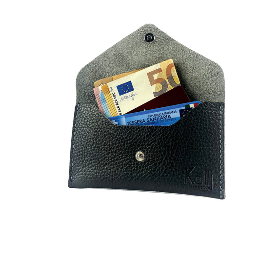 K0040AB | Flap pouch Made in Italy in genuine full-grain leather, dollar grain - Black color - Dimensions: 13 x 8 x 0.5 cm - Packaging: Rigid bottom/lid gift box-0