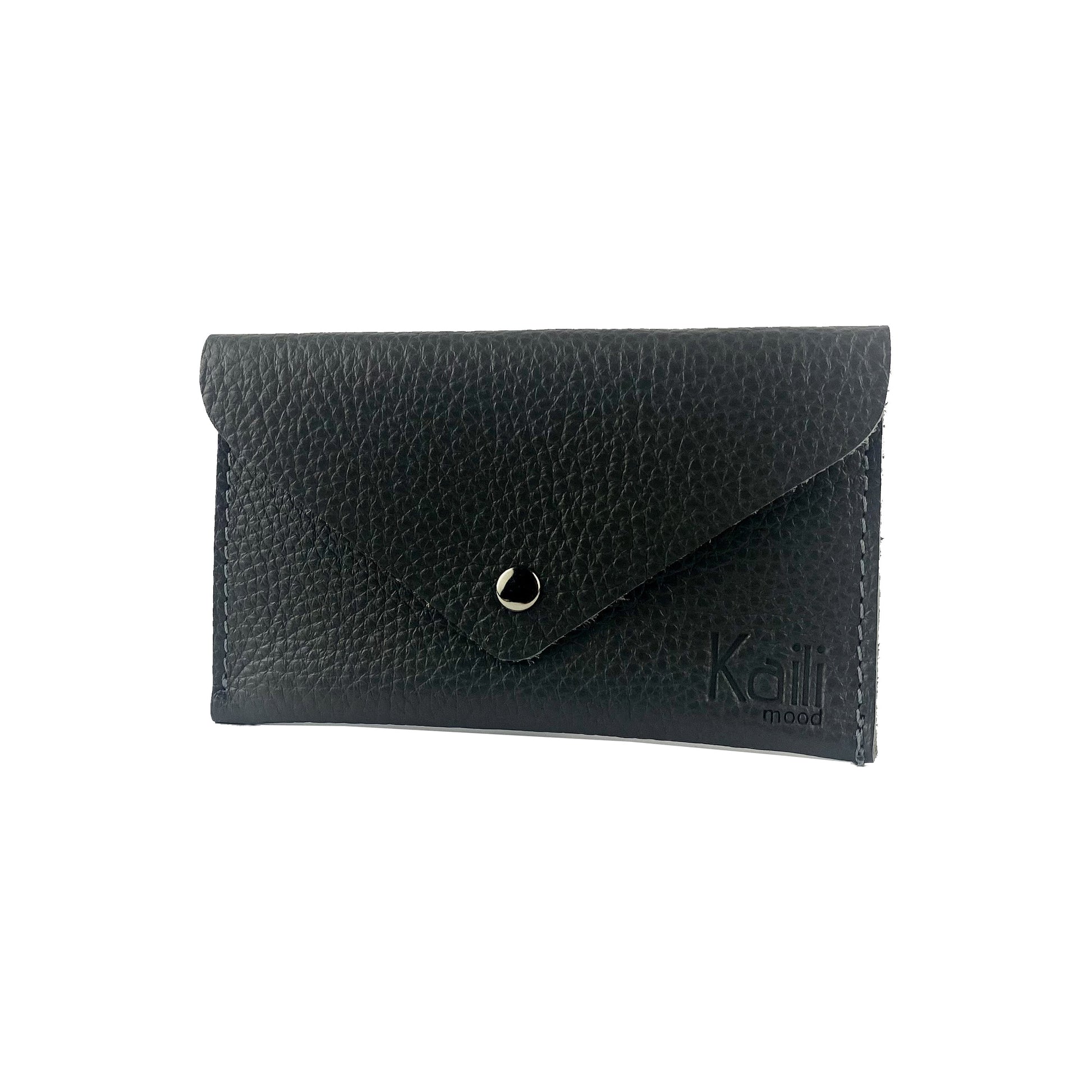 K0040AB | Flap pouch Made in Italy in genuine full-grain leather, dollar grain - Black color - Dimensions: 13 x 8 x 0.5 cm - Packaging: Rigid bottom/lid gift box-1
