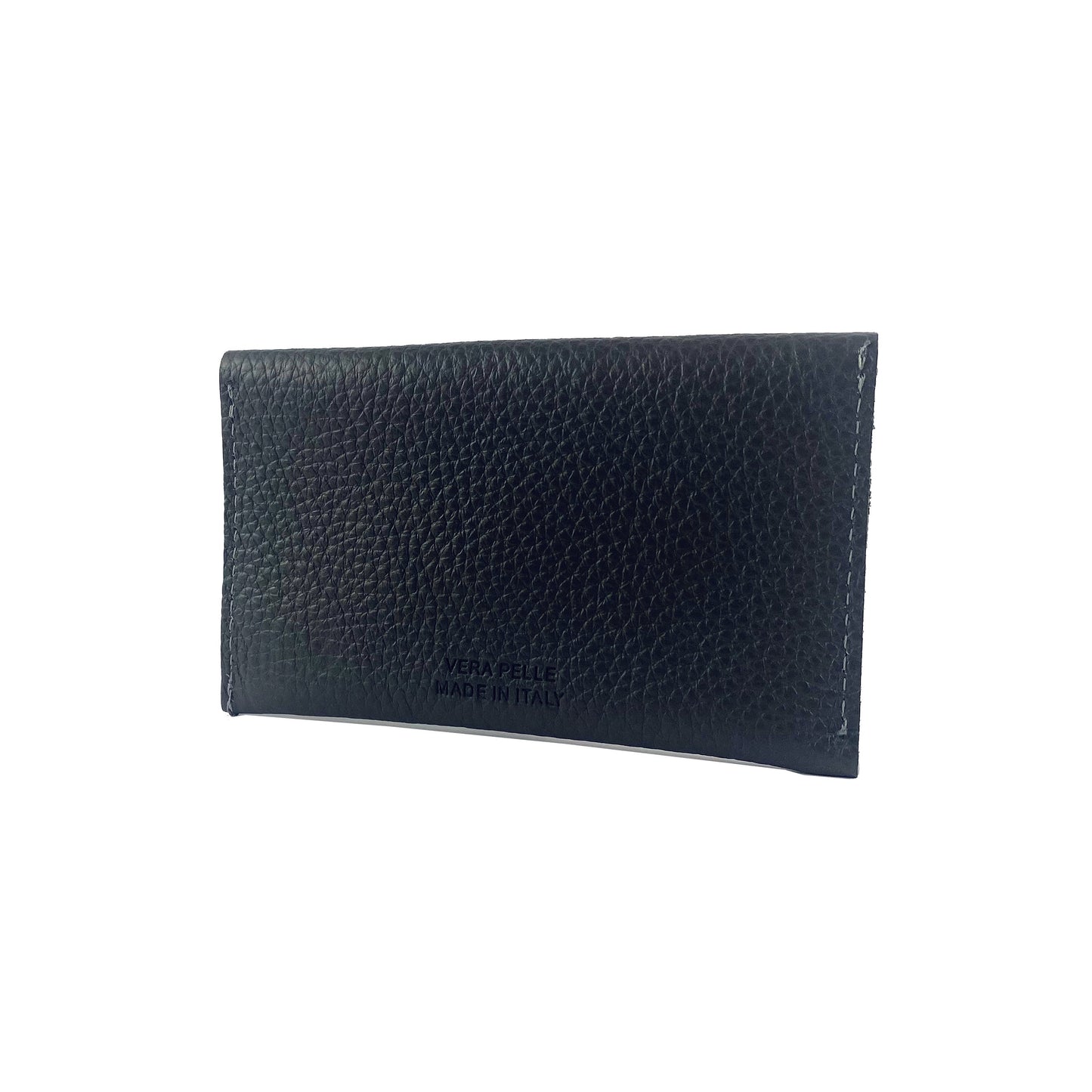 K0040AB | Flap pouch Made in Italy in genuine full-grain leather, dollar grain - Black color - Dimensions: 13 x 8 x 0.5 cm - Packaging: Rigid bottom/lid gift box-2
