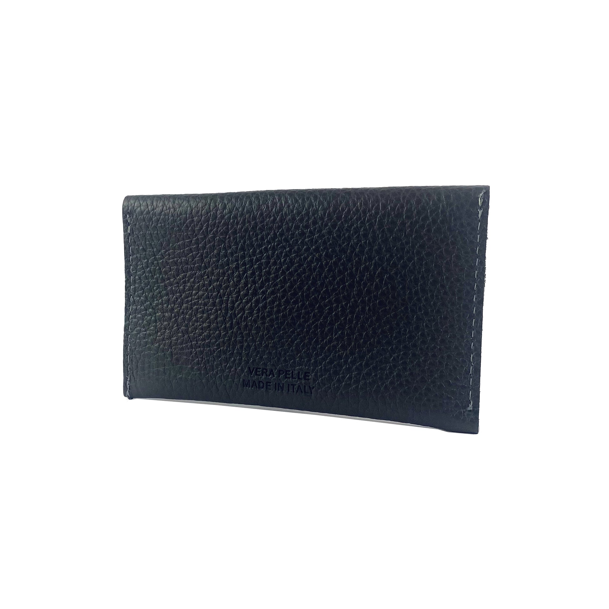 K0040AB | Flap pouch Made in Italy in genuine full-grain leather, dollar grain - Black color - Dimensions: 13 x 8 x 0.5 cm - Packaging: Rigid bottom/lid gift box-2